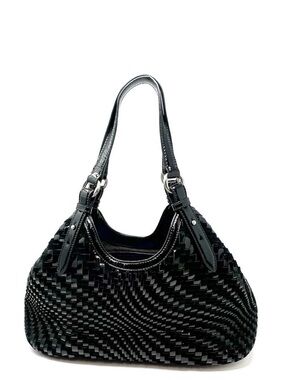 Cole Haan Genevieve Weave Large Triangle Tote Black Suede & Patent Leather EUC
